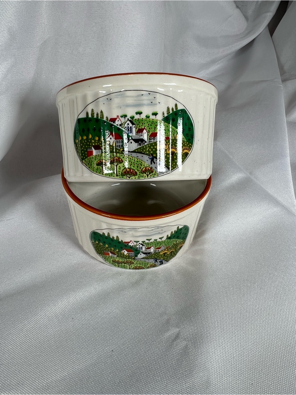 Vintage Newcor Stoneware Ramekins - Country Village Pattern (Set of 2)